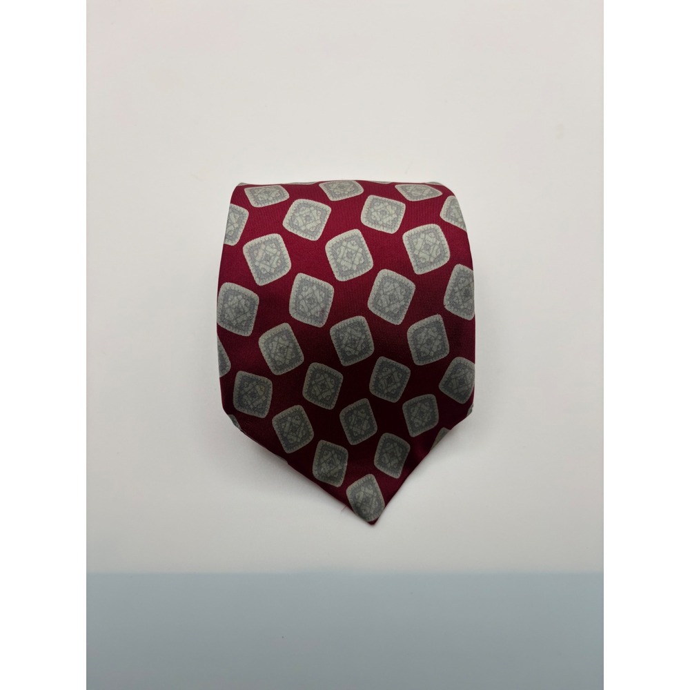 Christian Dior Mens Silk Tie Burgundy Red Silver Medallion Geometric Woven Italy